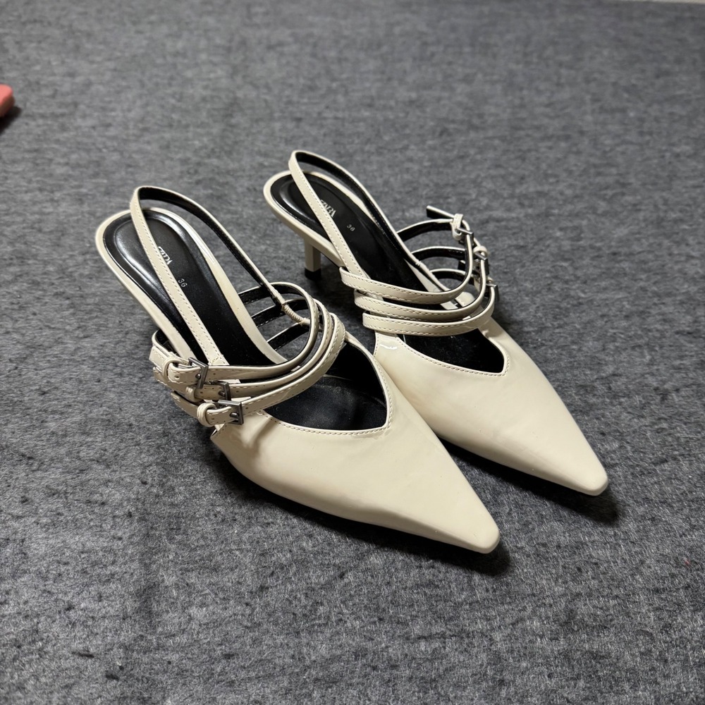 Zara Women Cream Patent Multi Buckle Strap Pointed Toe Slingback Kitten Heels 36